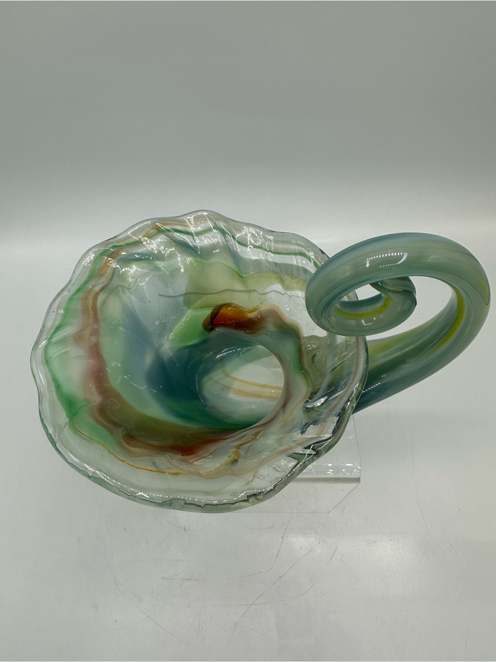 Vintage Hand Blown Art Glass Cornucopia Bowl Seafoam Green Swirl